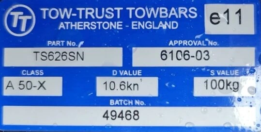 Towbar Type Approval Label